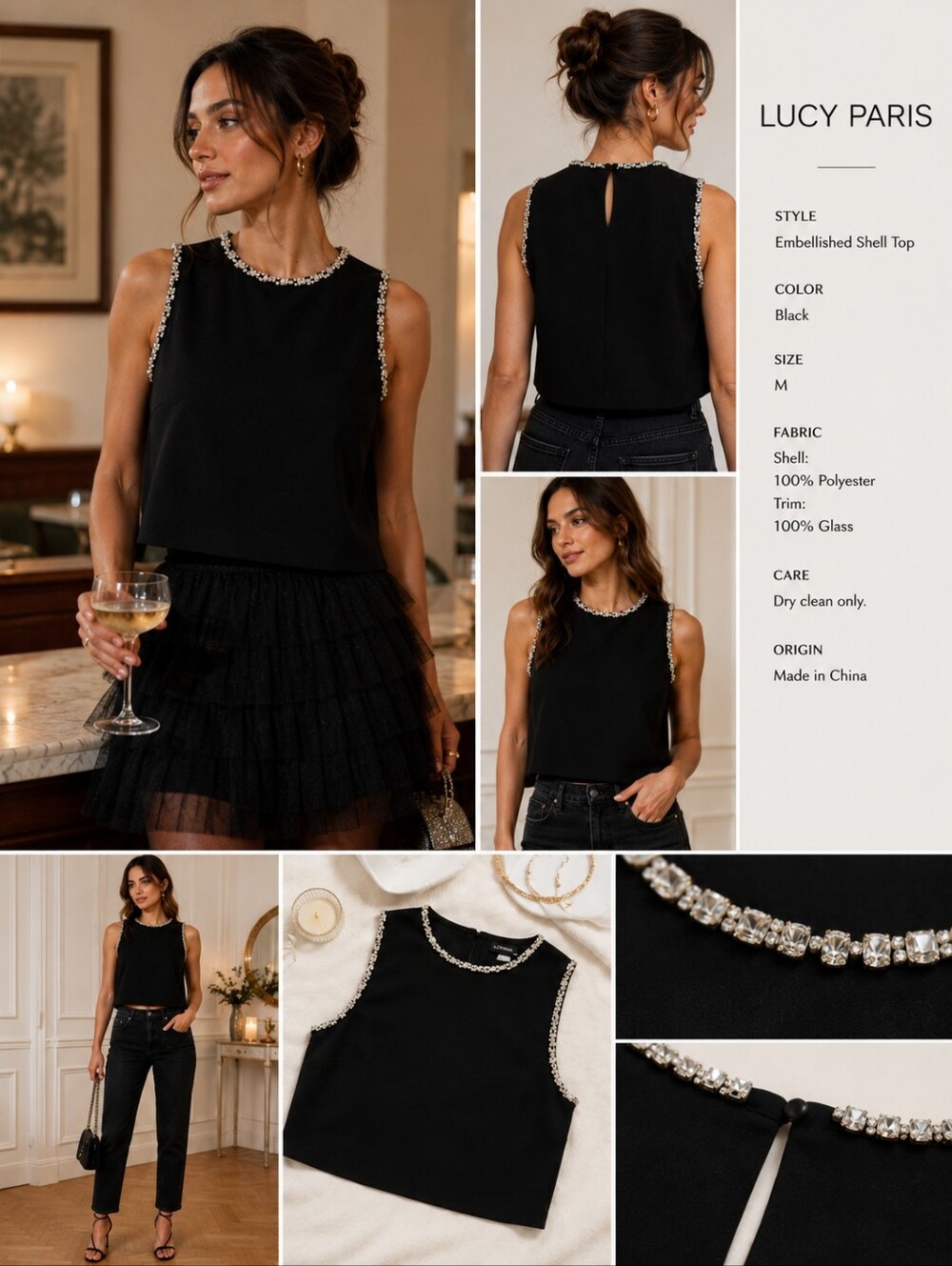 Lucy Paris Black Crystal Trim Top NWT Embellished Sleeveless Blouse
